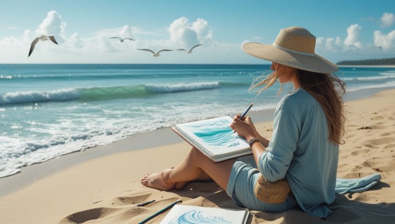 Leonardo_Phoenix_10_A_lone_traveler_sits_on_a_vast_sandy_beach_0