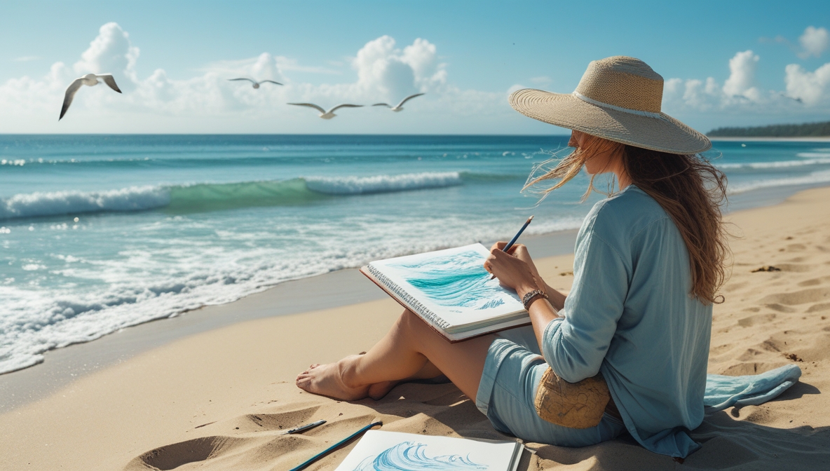 Leonardo_Phoenix_10_A_lone_traveler_sits_on_a_vast_sandy_beach_0
